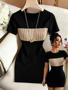 SHEIN Fashion Fitted Sexy Round Neck Textured Patchwork Short Sleeve Women's Dress - Black - View 2