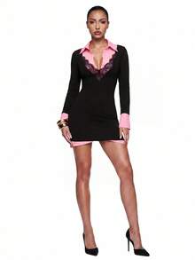 SHEIN ICON Herbst/ Damen Schulanfang elegantes sexy Farbblock Kontrast Spitze Mini-Kleid Nachtausgang Club Schwarz und Pink - Schwarz - Übersicht 4