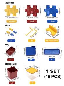 1 Set Colorful Puzzle Piece Pegboard Wall Organizer, Interlockable Plastic Hole Board Storage Rack With Hooks Shelves Bins, DIY Assemble Modular Wall Display Shelf For Stationery Decor Small Items, Space-Saving Kids Room Bedroom Wall Storage Decor - color - View 11