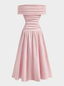 Firerie Kids Tween Girl Commuting Elegant Pink Knit Patchwork One-Shoulder Ruffle Maxi Dress, Suitable For Back To School/Party, Birthday, Prom And Other Occasions - Pink - View 2