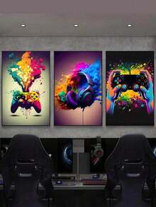 3Pcs Gaming Controller Canvas Wall Art – RGB Headphone Gamer Posters, Modern Video Game Room Decor, Gift For Boys Men Teens (Unframed) - multicolor - View 6