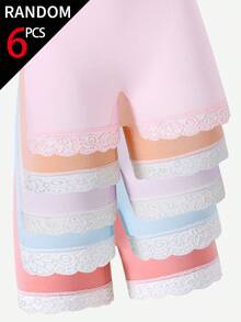 [6 Piezas Aleatorias] Calzoncillos tipo bóxer cómodos para niñas con patchwork de encaje y unicolor, 6 piezas surtidas aleatoriamente - Multicolor - Ver 3
