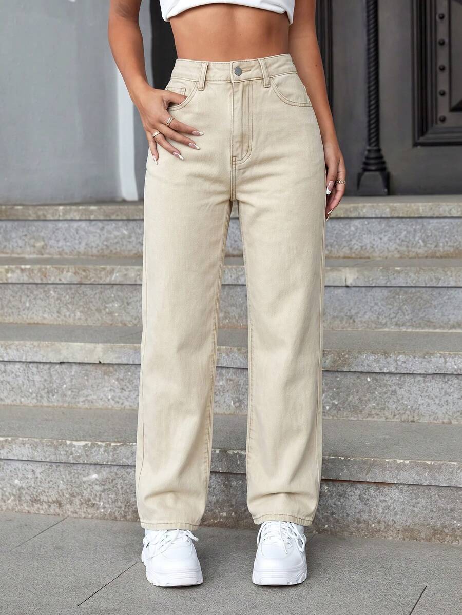 SHEIN ICON 夏季高腰直筒牛仔褲 - 杏色 - 查看 1