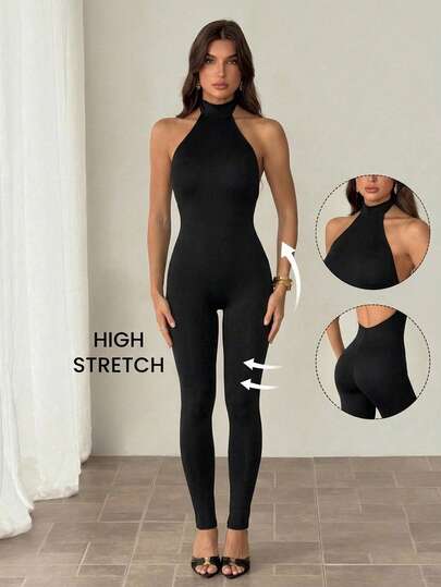 SHEIN Tall High Neck Slim Fit Tight 3/4 Length Jumpsuit, Suitable For Daily Wear, Night Party, Sexy Street Style, Elegant Fashion, Spring And Summer
