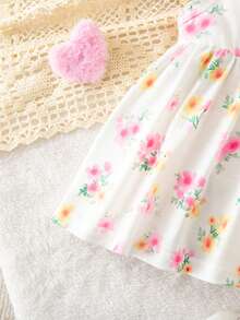 SHEIN 新生女宝宝可爱碎花图案无袖连衣裙，夏季 - 米色 - 查看 5