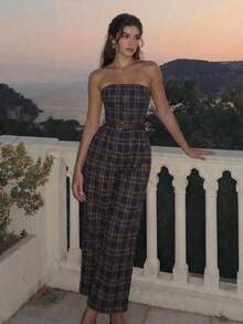 SHEIN MOD Jumpsuit Elegan Wanita Motif Kotak-kotak dengan Sabuk - MultiWarna - View 1