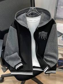 SHEIN 1件裝青少年男孩休閒運動學院風復古連帽夾克，抓絨材質針織衫，適合返校季、生日派對、晚宴、表演、婚禮、洗禮、開學典禮，適合日常穿著、上學、旅行、運動，適合秋冬季節 - 黑色 - 查看 2