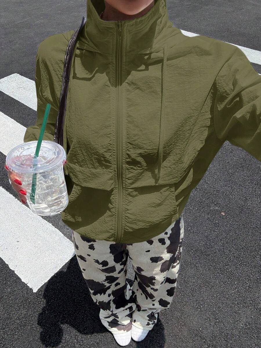 Muchica 女式梭织军绿色连帽拉链长袖防晒夹克(秋冬款) - 軍綠色 - 查看 1
