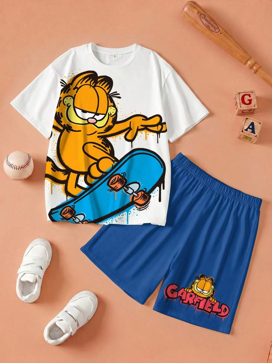 GARFIELD | SHEIN Conjunto casual de camiseta de manga corta con estampado de dibujos animados y pantalones cortos para niño preadolescente - Blanco - Ver 1