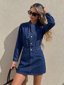 Serisse 女款單排扣口袋休閒法式2000年代牛仔洋裝，秋季Y2K時尚，適合節慶、返校、日常外出與白天穿著，深藍色 - 藍色 - 查看 3
