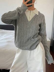 DAZY 女款拼色 2 合 1 寬鬆長袖 Polo 領休閒度假秋冬針織毛衣 - 灰色 - 查看 5