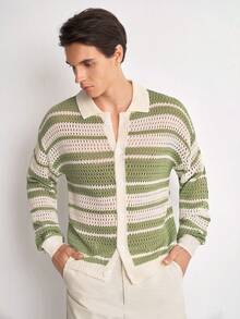 Manfinity LEGND Men's Colorblock Casual Versatile Daily Wear Cardigan Holiday Festival Autumn Streetwear Winter - Green - View 4