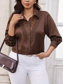 Reflora Plus Size Women's Lace Patchwork Casual Versatile Daily Wear Blouse Fall - Brown - View 7