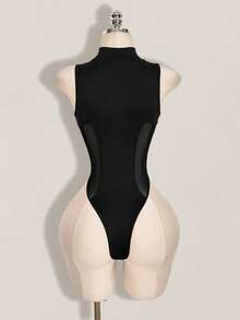 SHEIN ICON Y2k Women's Halloween Black Sexy Fashion Zipper Mesh Patchwork Bodysuit - Black - View 2