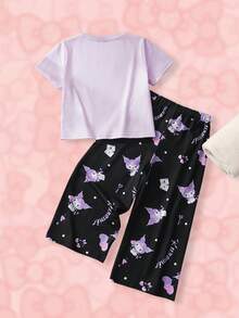 HELLO KITTY AND FRIENDS | SHEIN Young Girl Cute Cartoon Letter Graphic Short Sleeve T-Shirt And Long Pants Pajama Set, Spring/Summer/Autumn - Mauve Purple - View 2