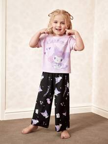 HELLO KITTY AND FRIENDS | SHEIN Young Girl Cute Cartoon Letter Graphic Short Sleeve T-Shirt And Long Pants Pajama Set, Spring/Summer/Autumn - Mauve Purple - View 5