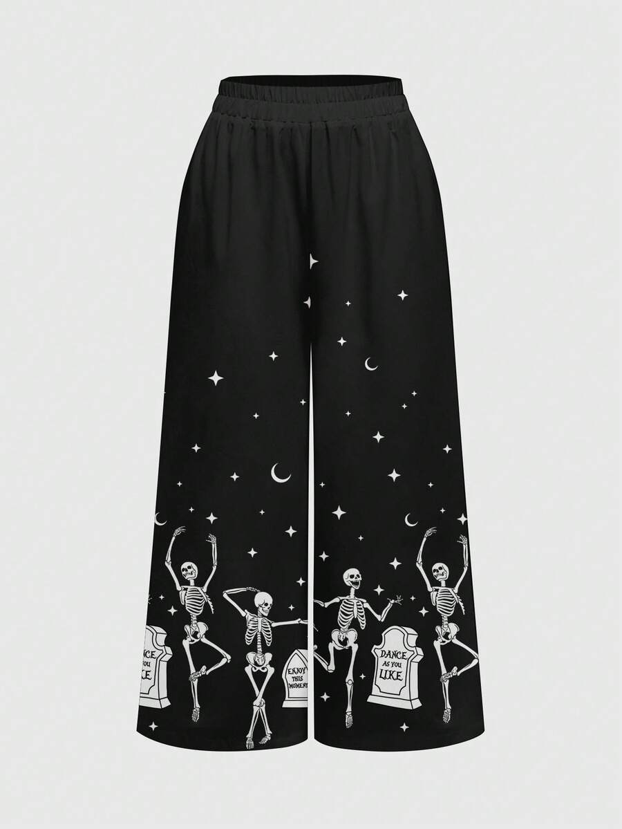 ROMWE Dark Gothic Skull Moon Sun Star Women's Long Pants - Black - View 1