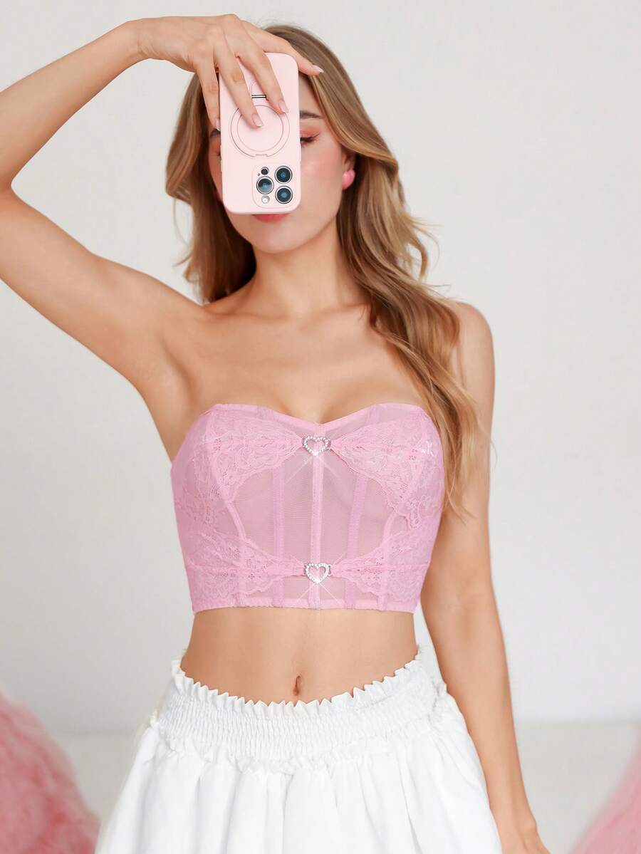 PetitDoll 1件裝 女款粉色睫毛蕾絲無肩帶胸罩 - 粉色 - 查看 1