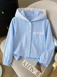 SHEIN 女童休閒時尚花卉刺繡荷葉邊條紋連帽長袖襯衫，附口袋 - 藍色 - 查看 1