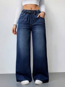 SHEIN Tall 女款時尚百搭抽繩腰口袋寬鬆寬腿牛仔褲 女牛仔裝飾藍色牛仔褲 返校季秋季穿搭 - 藍色 - 查看 4