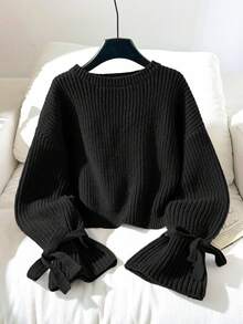 SHEIN 少女女孩純色圓領休閒日常長袖秋冬毛衣 - 黑色 - 查看 3