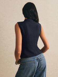 Poéselle Women's Striped Button Design Zipper Placket Vest Jacket - Navy Blue - View 7