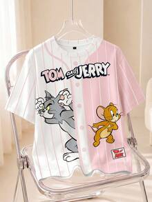 TOM & JERRY X SHEIN 女款卡通印花圓領短袖休閒百搭T恤 - 白色 - 查看 1