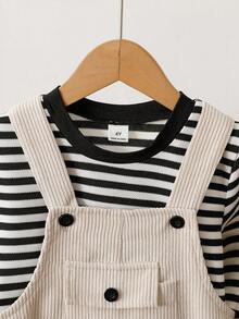 2pcs/Set Boys Toddler Spring/Autumn Black/White/Light Apricot Minimalist Korean Style Black/White Horizontal Striped Crew Neck Long Sleeve Top With Pocket Button Vertical Striped Suspenders Long Pants Set, Loose Straight Leg Fit, Suitable For Daily Wear, School Activities, Outdoor Play, Family Gatherings, Photography - Multicolor - View 3