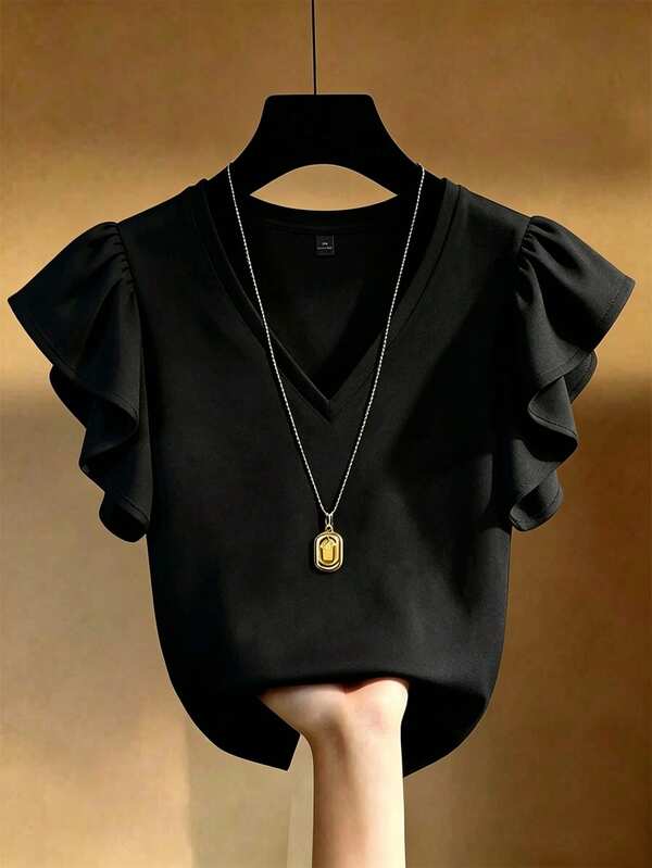 EMERY ROSE Plus Size French Elegant V-Neck Ruffle Trim Short Sleeve T-Shirt, Slim Fit Co
