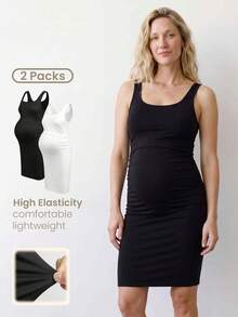 Modmama Maternity Solid Color Minimalist Maternity Sleeveless Dress, Casual Everyday Wear Photoshoot White Summer - Black and White - View 1