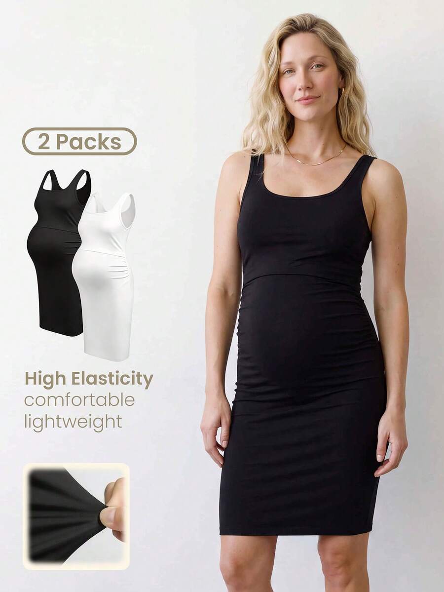 Modmama Maternity Solid Color Minimalist Maternity Sleeveless Dress, Casual Everyday Wear Photoshoot White Summer - Black and White - View 1