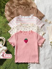 SHEIN 4件組少女3D草莓貼布、蝴蝶結刺繡與波點印花，粉色與白色條紋針織荷葉邊T恤，百搭套頭上衣，適合日常穿著 - 彩色 - 查看 4