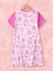 HELLO KITTY AND FRIENDS | SHEIN Young Girl Cartoon Cat Print Contrast Color Sweet Sleep Dress - Pink - View 2