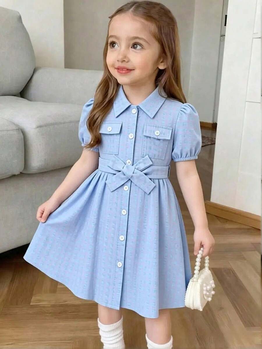 SHEIN Elladie kids Cô Gái Trẻ Kẻ sọc Ống tay áo Đầm Với thắt lưng