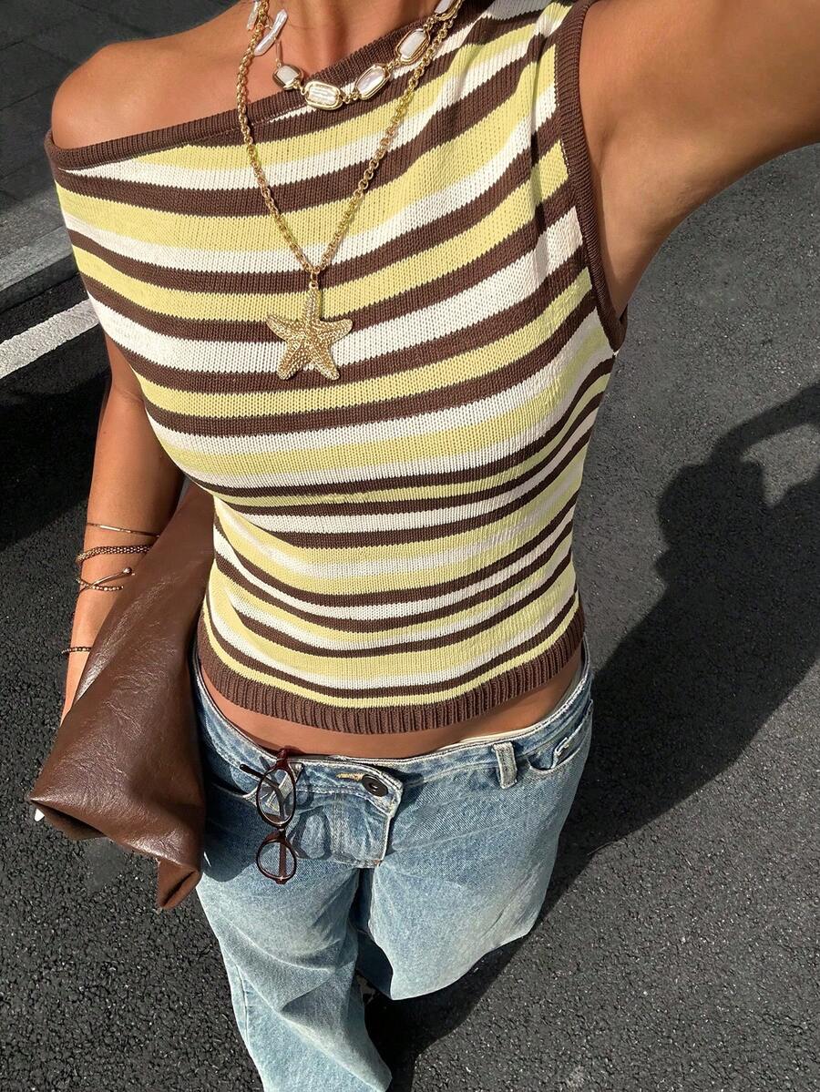 Siren Gaze Summer Striped Off-Shoulder Knit Top - Multicolor - View 1