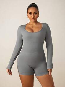 SHEIN Rhythm Era Đồ liền thân thể thao tay dài size lớn cho nữ mùa thu - Xám - Xem 4