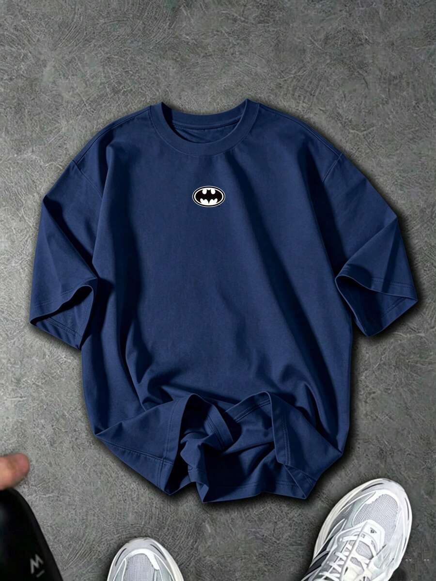 BATMAN X SHEIN 男士卡通印花短袖運動T恤 - 寶藍色 - 查看 1