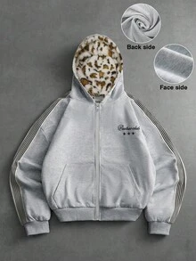 SHEIN 大童秋冬連帽拉鍊夾克單件與燕麥灰側邊白條紋寬鬆連帽開襟衫，星星刺繡與豹紋內裡細節呼應，甜酷復古街頭休閒夾克套裝 - 灰色 - 查看 1