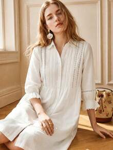 Écloséra Tall Women's French Style Versatile Lace Patchwork Single-Breasted Dress - White - View 4