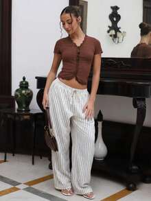 juhmazzocco Loose Blue And White Stripe Wide-Leg Pants With Front Tie, Casual Wear Vacation Autumn - Beige - View 1