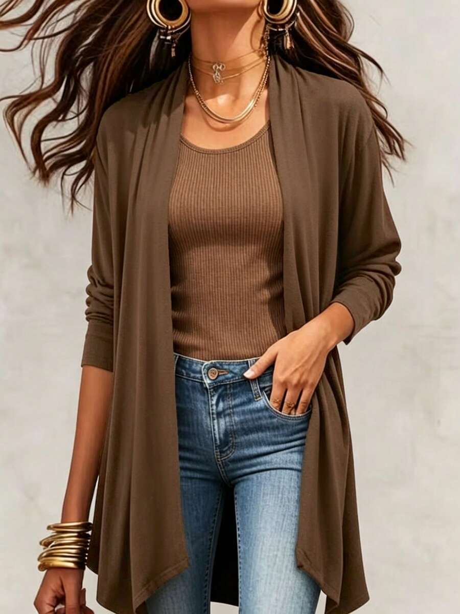 Everyssa Jaket Wanita Gaya Komuter dengan Kancing Depan, Panjang Sedang, Kerah Bervolume, dan Hem Asimetris - Coklat - View 1