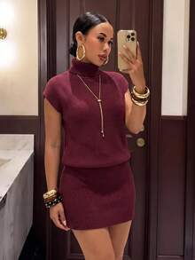 Slaydiva Burgundy Turtleneck Sleeveless Knit Women Bodycon Sweater Dress , Spicy Girl Matching Outfit Halloween Valentine Christmas New Year - Burgundy - View 4