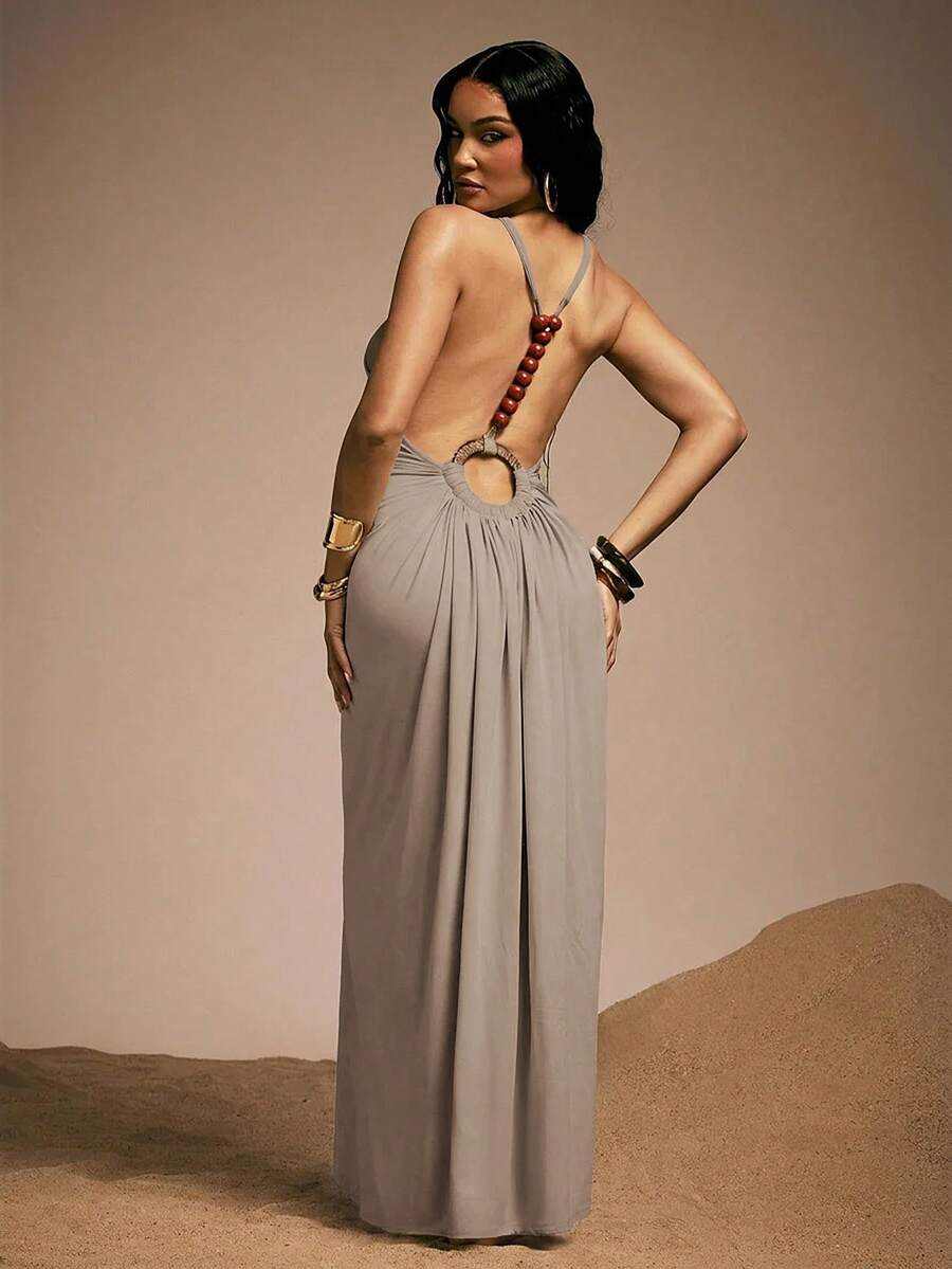 Hauture Women's Sexy High Neck Backless Maxi Dress With Bamboo Ring And Wooden Bead Decor - Grey - View 1