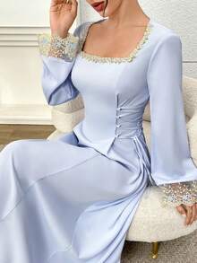 Yasmyna Women's Embroidered Mesh Patchwork Criss-Cross Tie Waist Arabian Dress - Blue - View 2