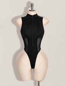 SHEIN ICON Y2k Women's Halloween Black Sexy Fashion Zipper Mesh Patchwork Bodysuit - Black - View 13