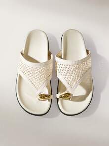 Solecia Damen Schuhe Frühling und Sommer neu gewebt goldene Dekoration flacher Absatz lässig einfach apricot Damen Sandalen Strand Dating Reisebekleidung - Aprikosenfarben - Übersicht 3