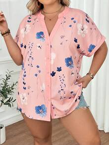 SHEIN CURVE+ 大码女式休闲宽松碎花短袖衬衫，春夏教师制服 - 粉色 - 查看 3