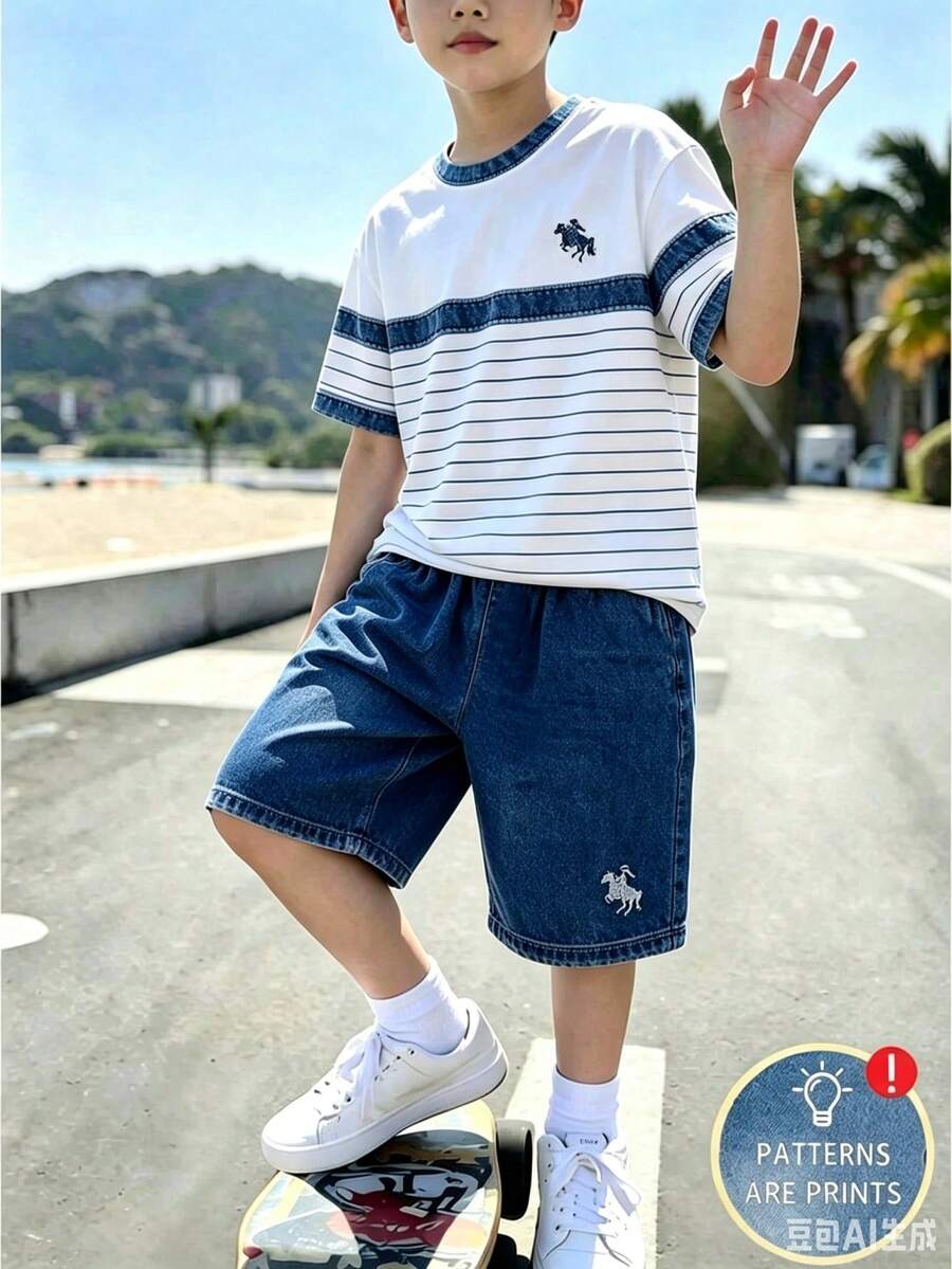 男童休閒舒適白色與藍色條紋套裝,適合春夏日常穿著 - 藏蓝色 - 查看 1