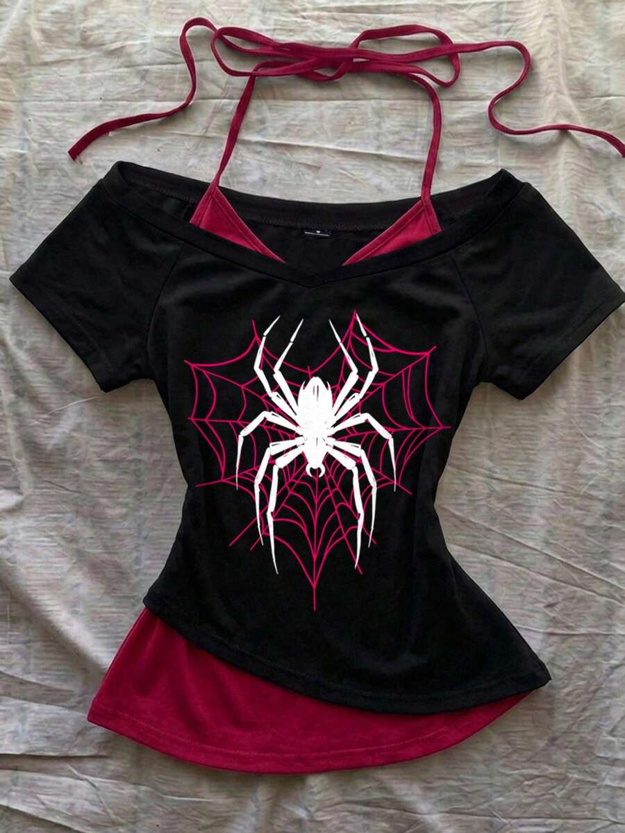 Attitoon Women's Casual Retro Colorblock 2 In 1 Spider Graphic V-Neck Halter Tie Short Sleeve T-Shirt, Suitable For Summer - Black - View 1