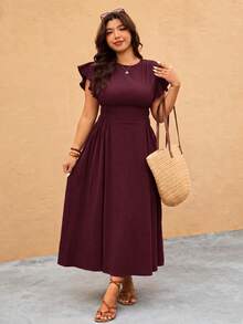 SHEIN CURVE+ Women's Plus Size Casual Solid Color Cinched Waist Midi Dress, Brown, Summer Beachwear - Red Violet - View 6